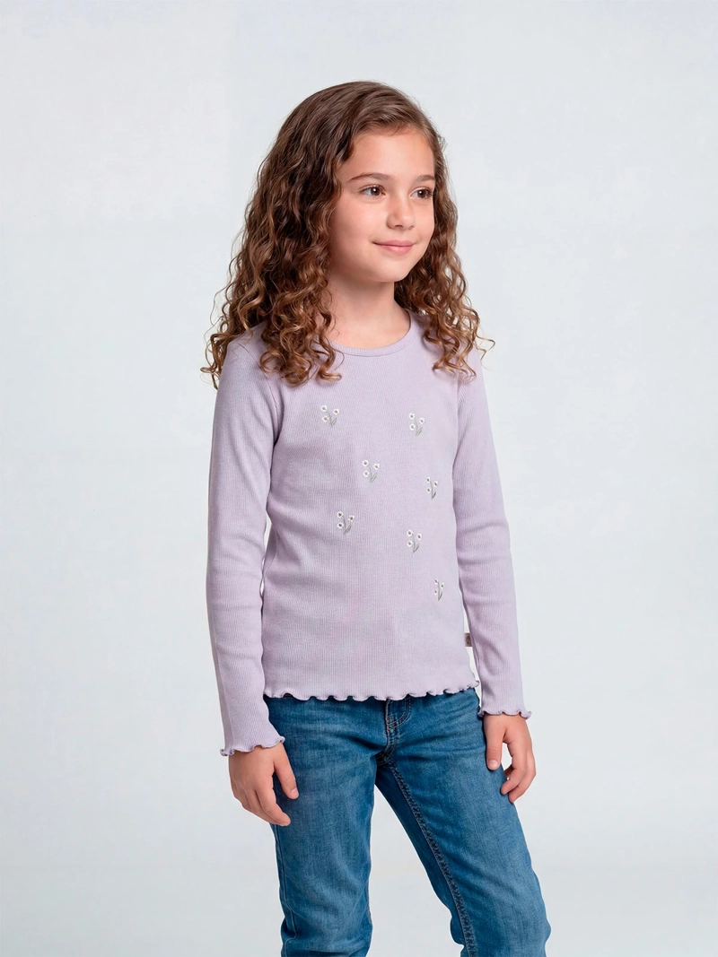 POLERA NIÑA HARVEST ALGODÓN MANGA LARGA RIB BORDADA - 1