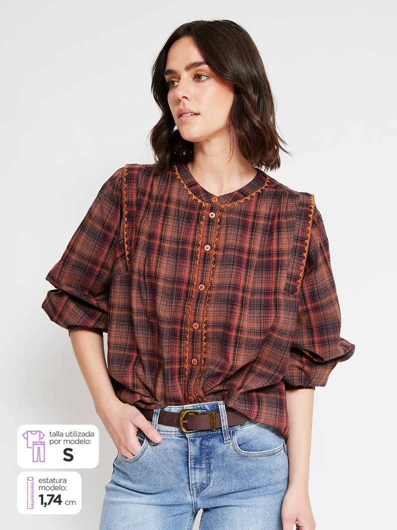 BLUSA MUJER TATIENNE ALGODÓN MANGA LARGA CUADRILLÉ - 1