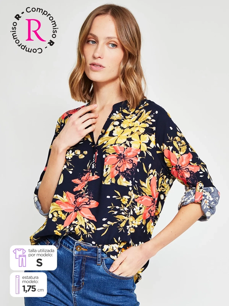 BLUSA MUJER AZIZ CUELLO MAO MANGA LARGA ESTAMPADA - 1