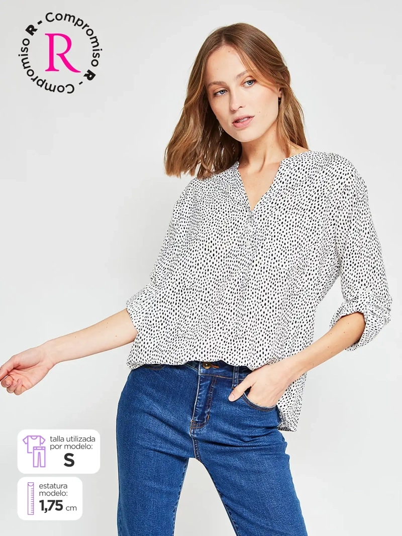 BLUSA MUJER AZIZ CUELLO MAO MANGA LARGA ESTAMPADA