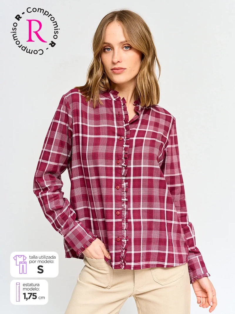 BLUSA MUJER AZIZ ALGODÓN CUELLO RUFFLE MANGA LARGA ESCOCESA - 1