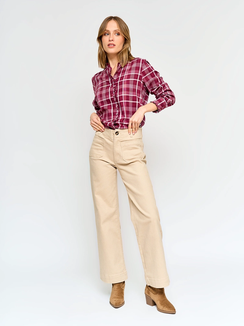 BLUSA MUJER AZIZ ALGODÓN CUELLO RUFFLE MANGA LARGA ESCOCESA - 4