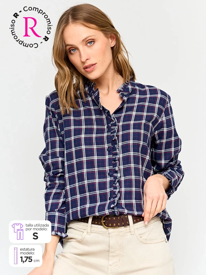 BLUSA MUJER AZIZ ALGODÓN CUELLO RUFFLE MANGA LARGA ESCOCESA - 1