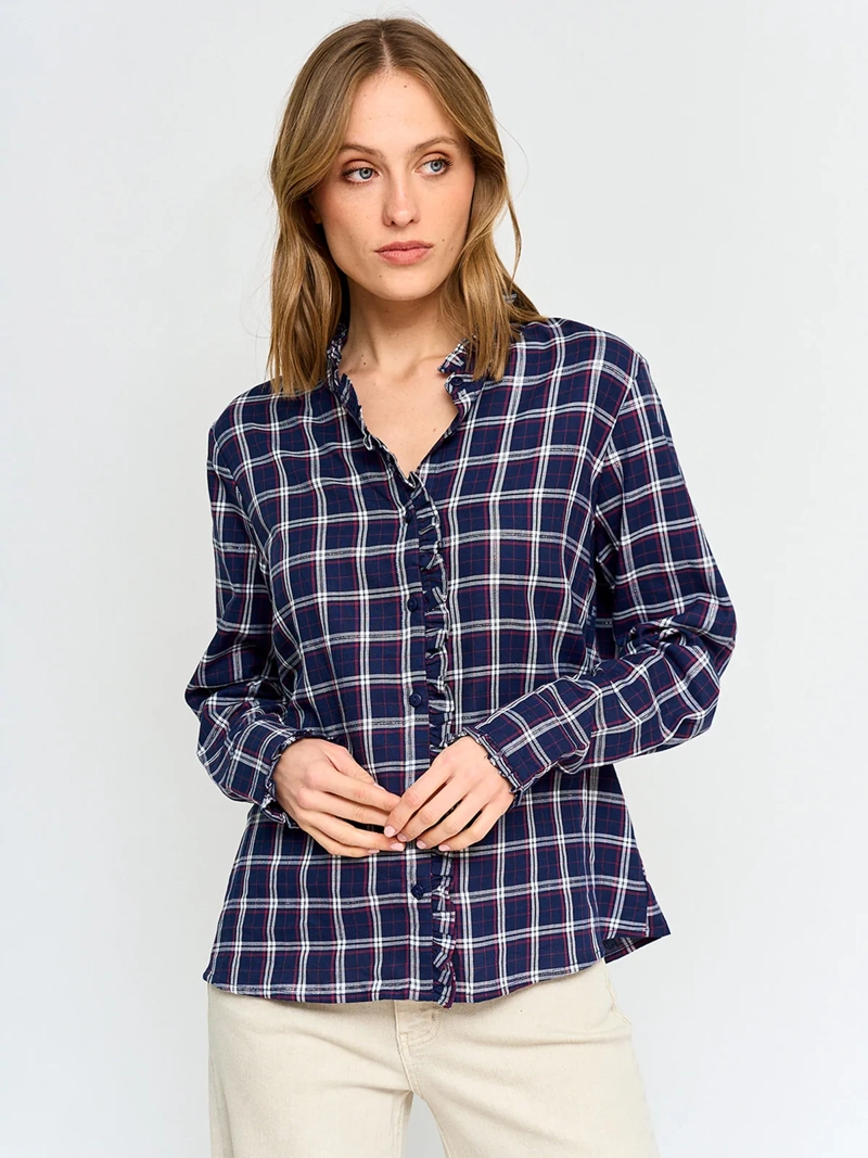 BLUSA MUJER AZIZ ALGODÓN CUELLO RUFFLE MANGA LARGA ESCOCESA - 2