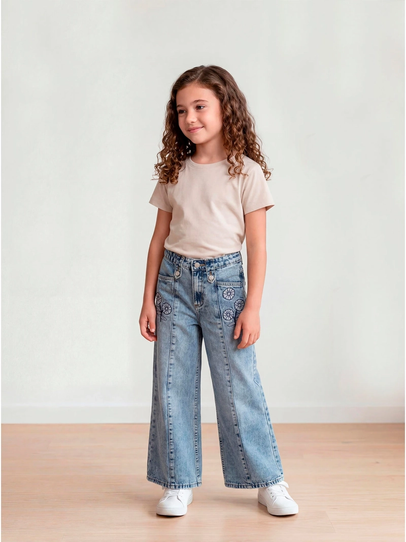 JEANS NIÑA HARVEST ALGODÓN WIDE BORDADO - 1