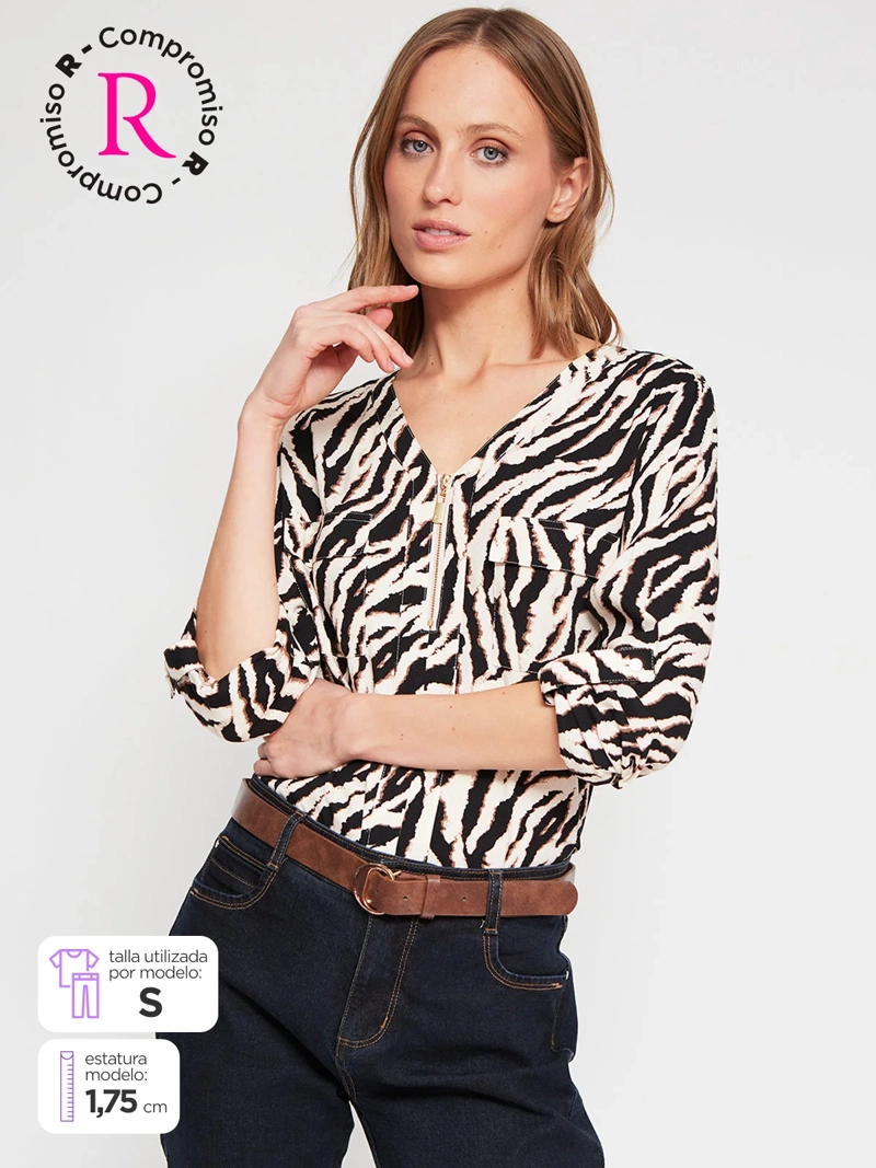 BLUSA MUJER CACHAREL CUELLO EN V MANGA LARGA CIERRE Y ESTAMPADO - 1
