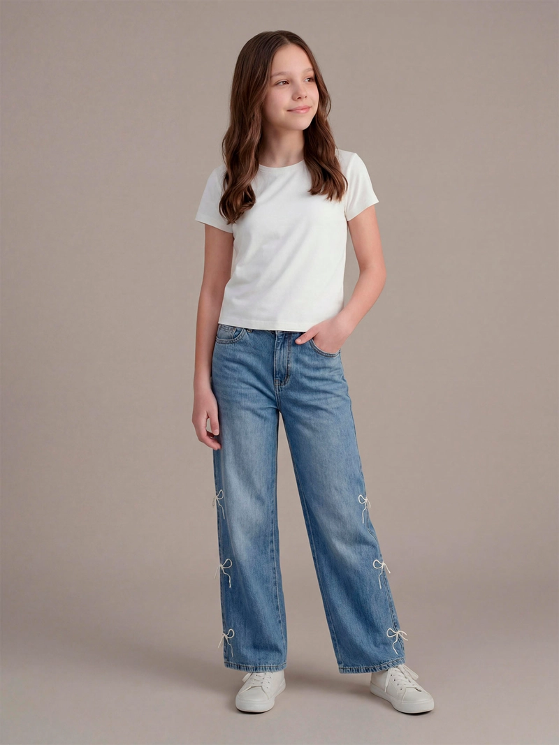 JEANS NIÑA INDEX TEEN ALGODÓN WIDE BORDADO LAZOS - 1
