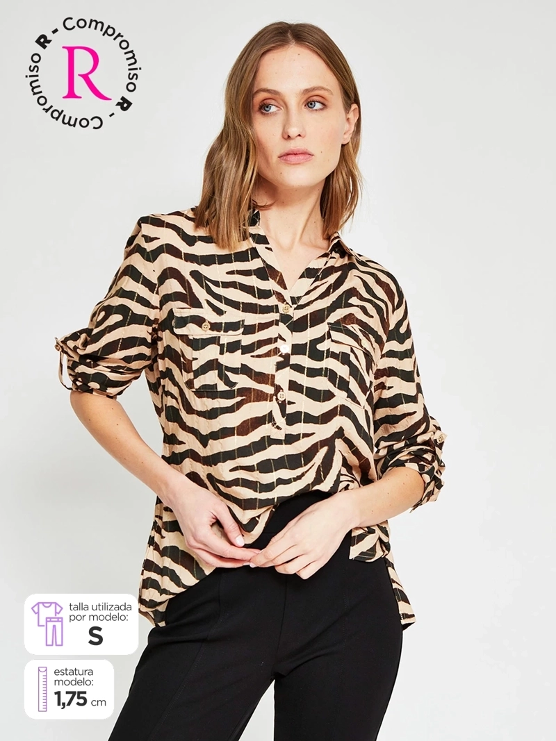 BLUSA MUJER CACHAREL CUELLO CAMISERO MANGA LARGA ESTAMPADA - 1