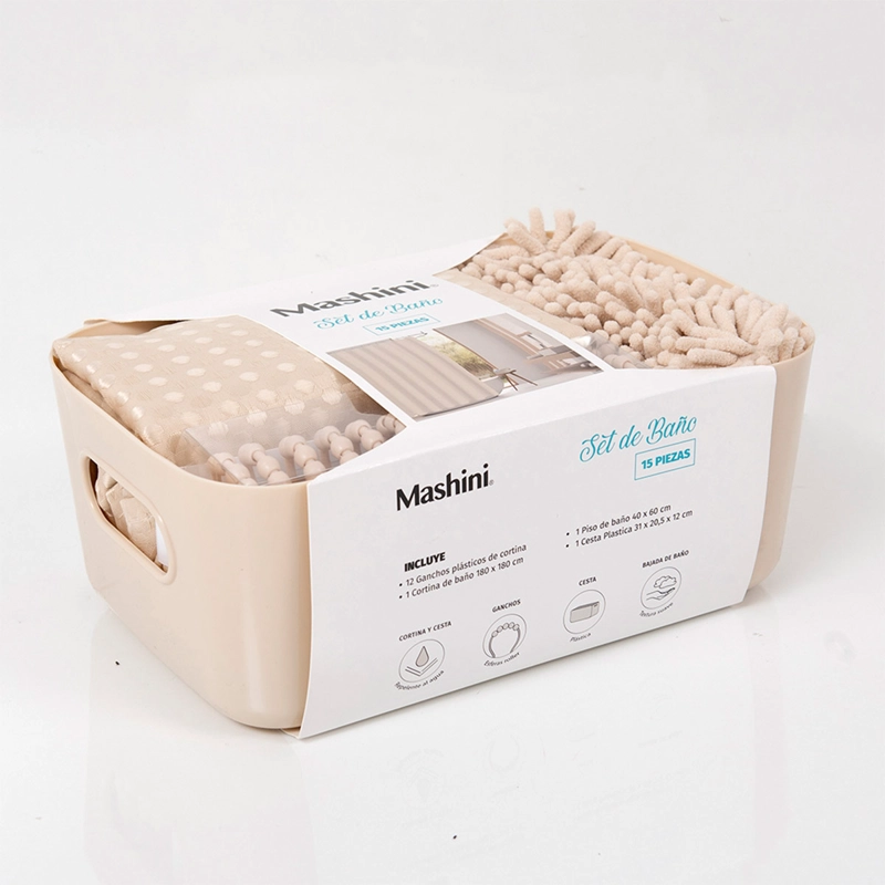 SET DE BAÑO MASHINI CORTINA + PISO + CANASTO BEIGE - 4