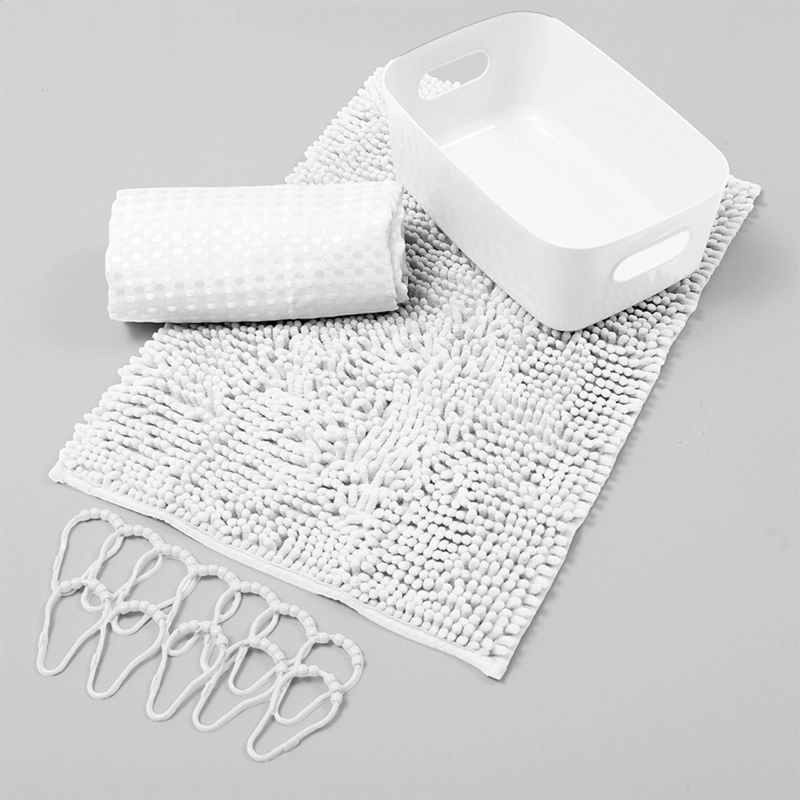 SET DE BAÑO MASHINI CORTINA + PISO + CANASTO BLANCO - 1
