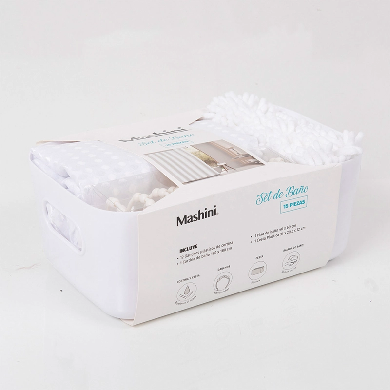 SET DE BAÑO MASHINI CORTINA + PISO + CANASTO BLANCO - 4