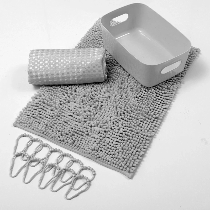 SET DE BAÑO MASHINI CORTINA + PISO + CANASTO GRIS - 1