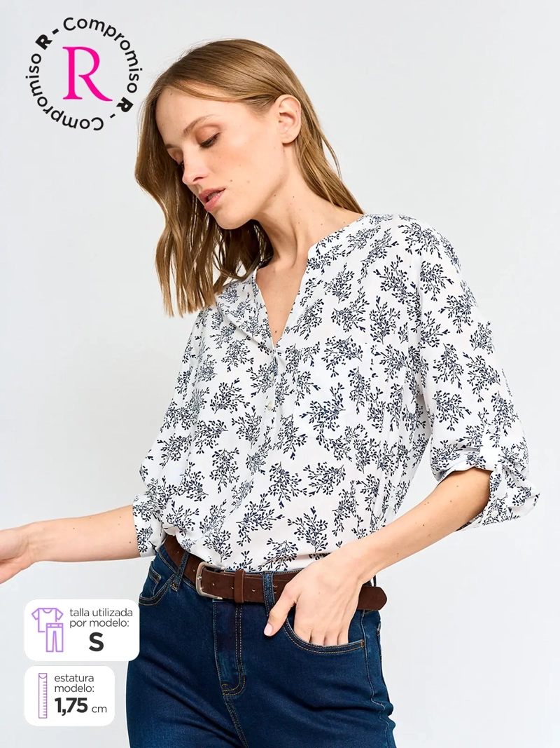 BLUSA MUJER AZIZ CUELLO MAO MANGA 3/4 ESTAMPADA - 1