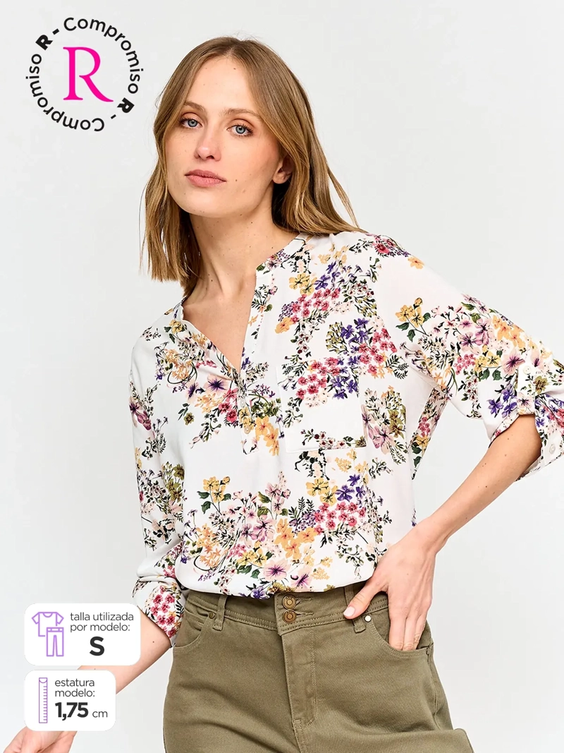 BLUSA MUJER AZIZ CUELLO MAO MANGA 3/4 ESTAMPADA