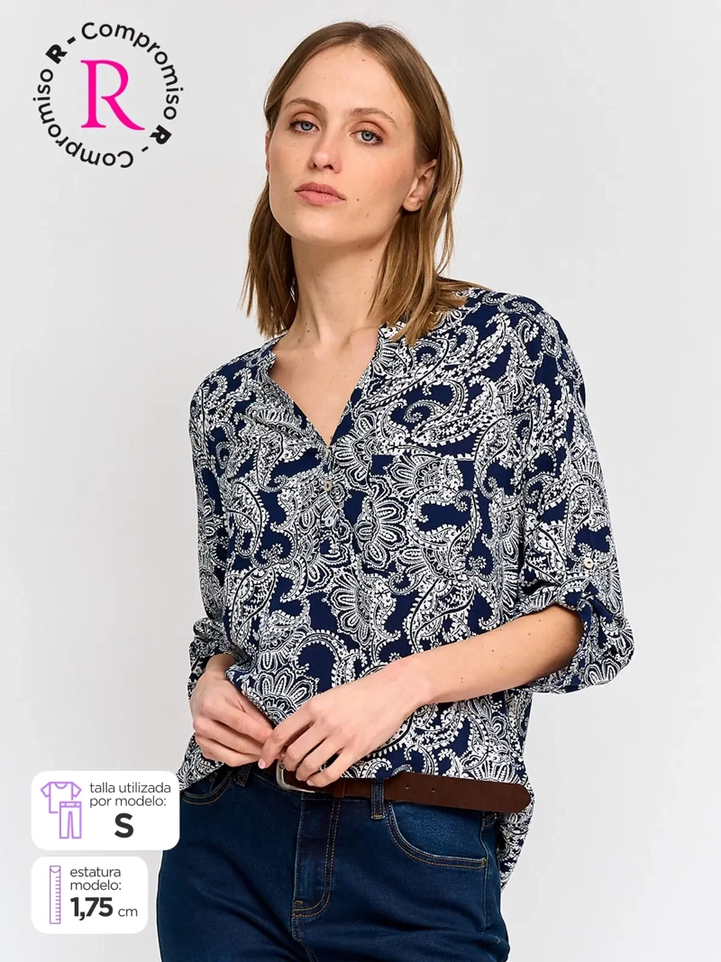 BLUSA MUJER AZIZ CUELLO MAO MANGA 3/4 ESTAMPADA - 1