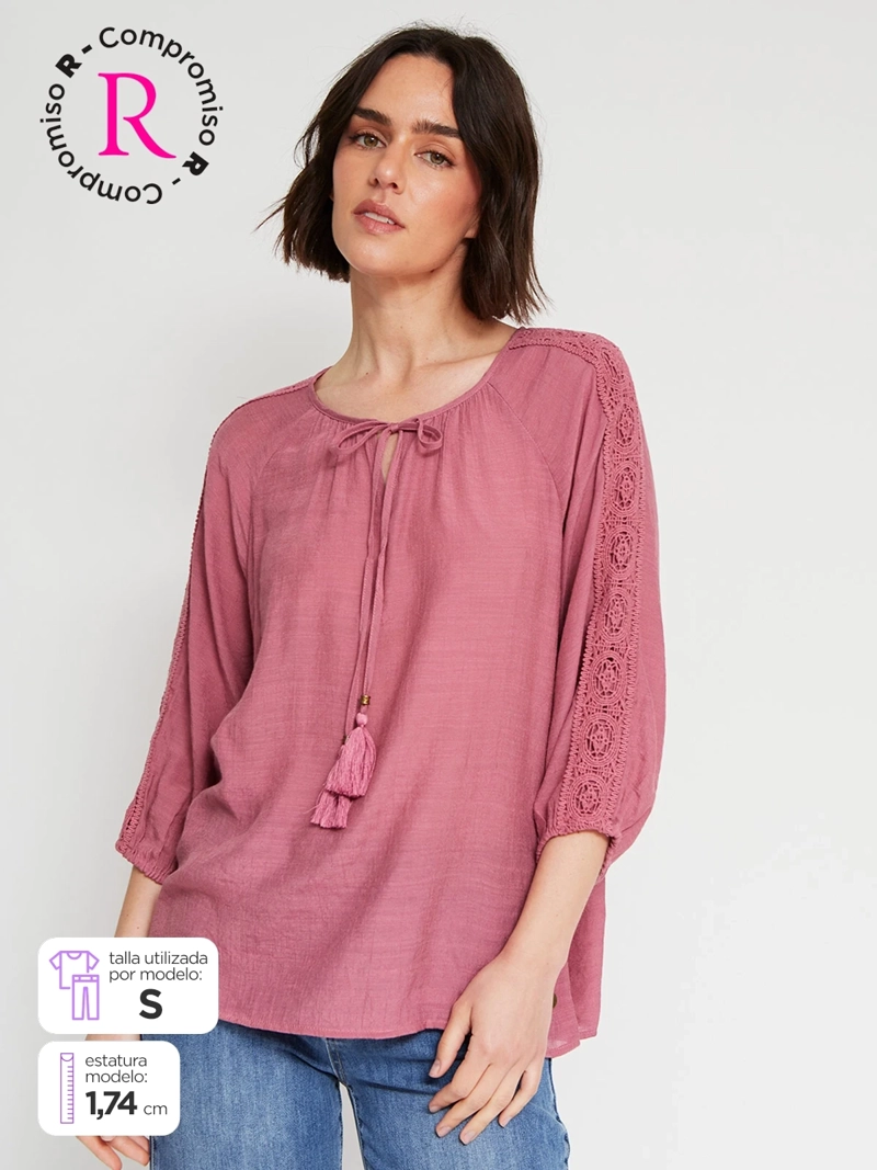 BLUSA MUJER AZIZ MANGA 3/4 MACRAMÉ - 1