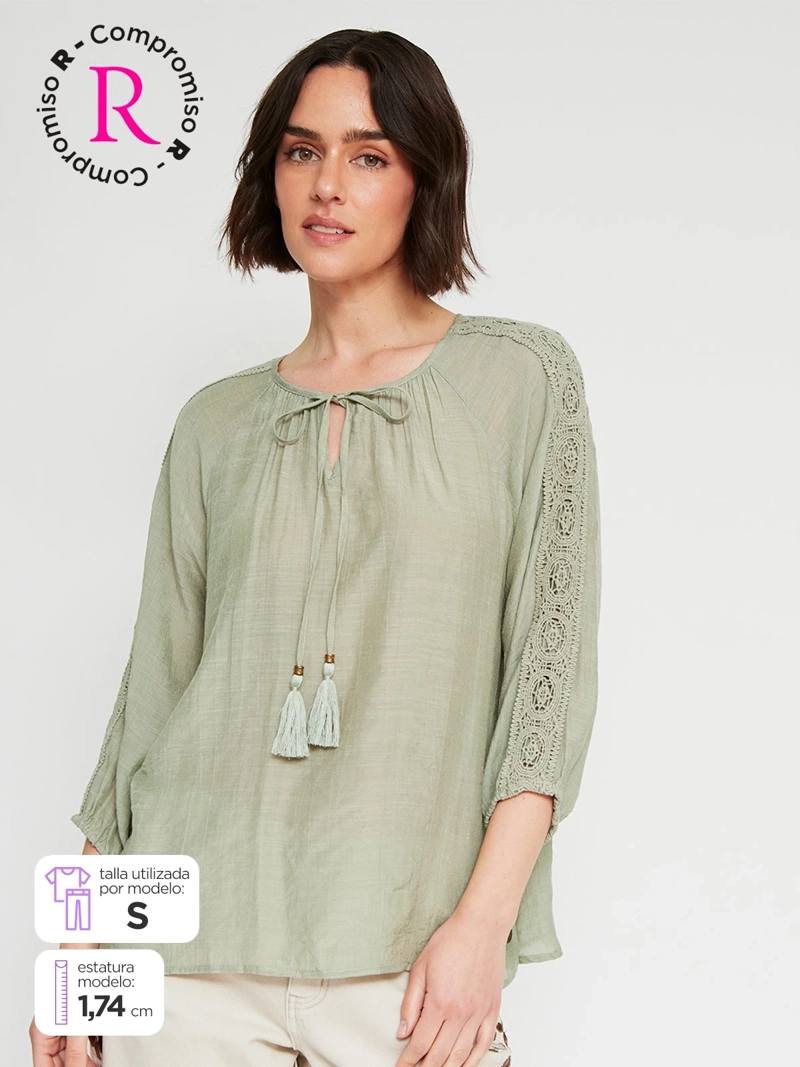 BLUSA MUJER AZIZ MANGA 3/4 MACRAMÉ - 1