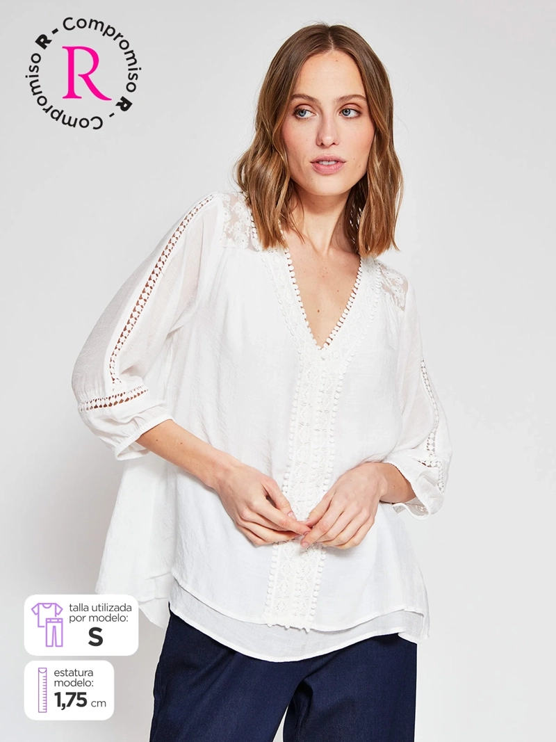 BLUSA MUJER AZIZ MANGA 3/4 MACRAMÉ - 1