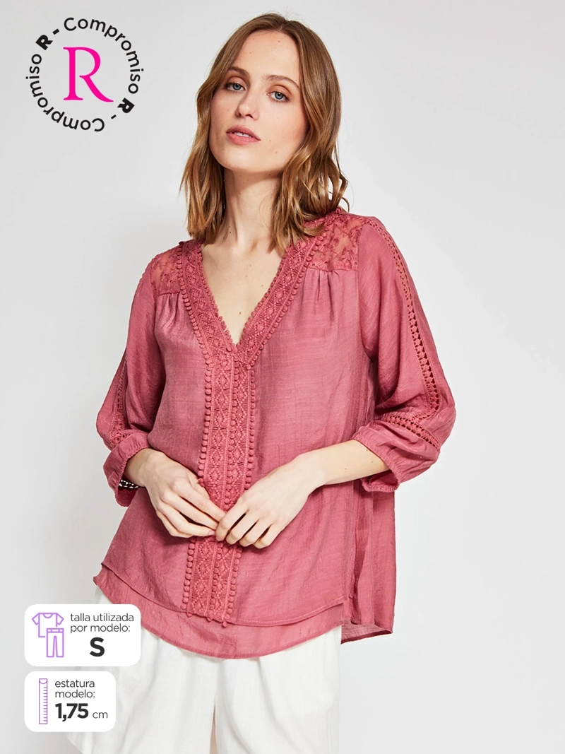 BLUSA MUJER AZIZ MANGA 3/4 MACRAMÉ