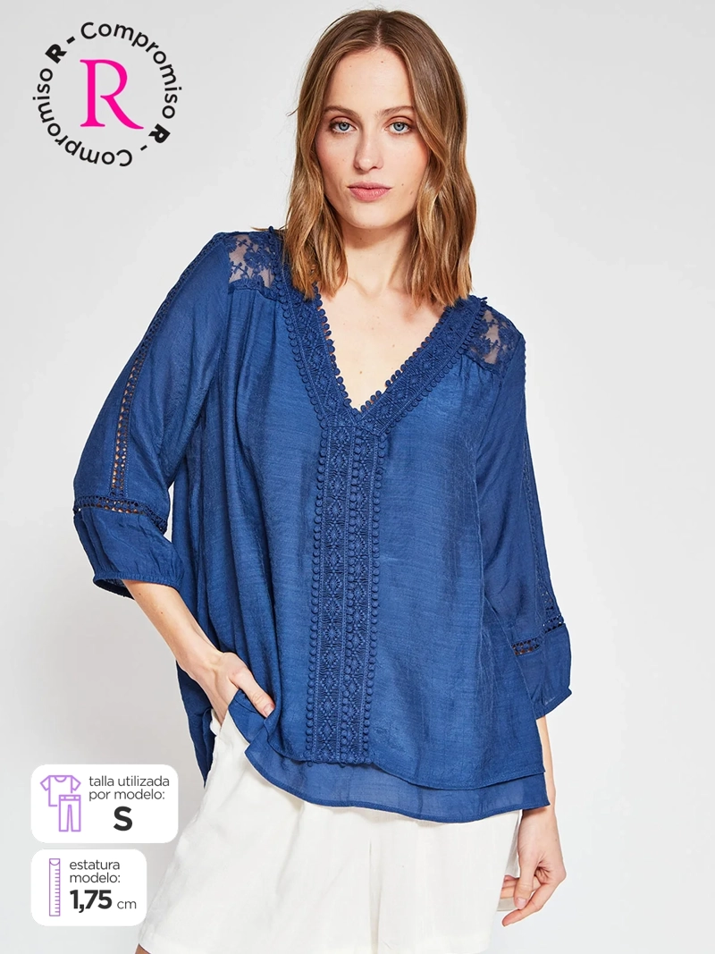 BLUSA MUJER AZIZ MANGA 3/4 MACRAMÉ