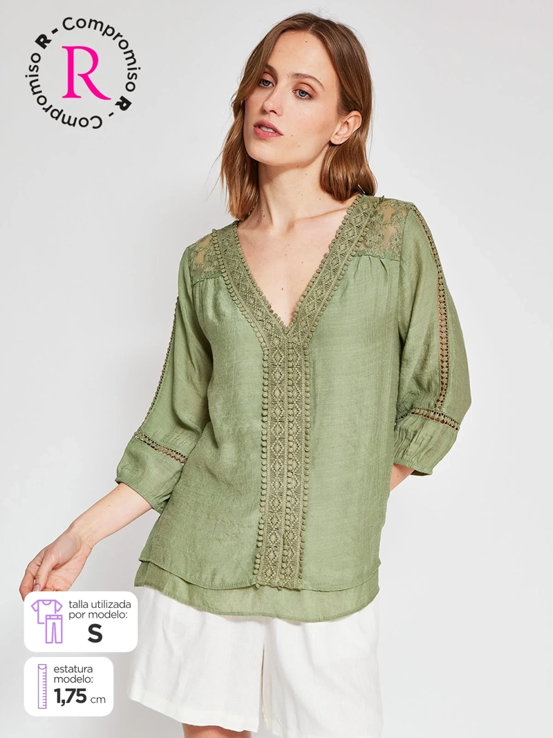 BLUSA MUJER AZIZ MANGA 3/4 MACRAMÉ