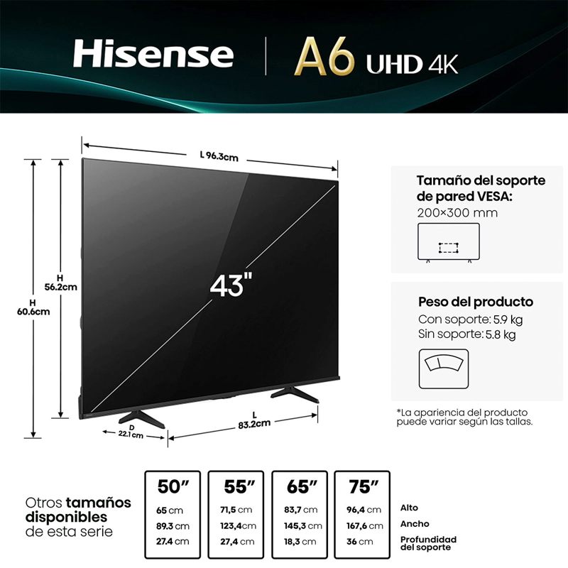 SMART TV HISENSE LED 4K UHD 43” 43A6NV - 3
