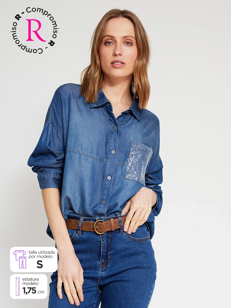 BLUSA MUJER TATIENNE MANGA LARGA BOLSILLO LENTEJUELAS - 1