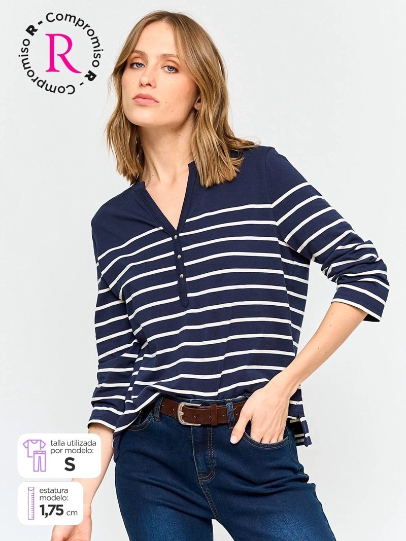 POLERA MUJER CACHAREL ALGODÓN MANGA 3/4 RAYAS - 1