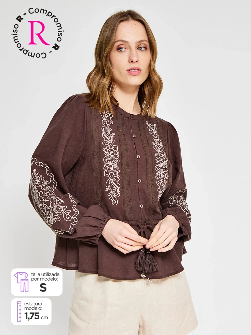 BLUSA MUJER TATIENNE ALGODÓN MANGA LARGA BORDADOS - 1