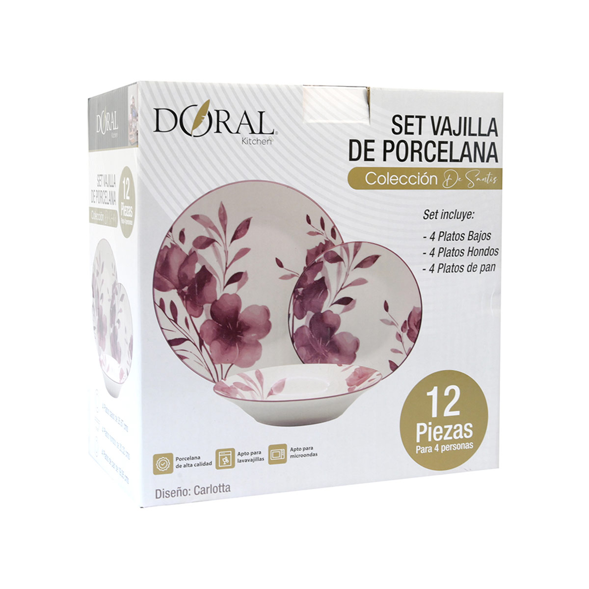 JUEGO DE VAJILLA DORAL SANTIS CARLOTTA 12 PZAS PORCELANA - 3
