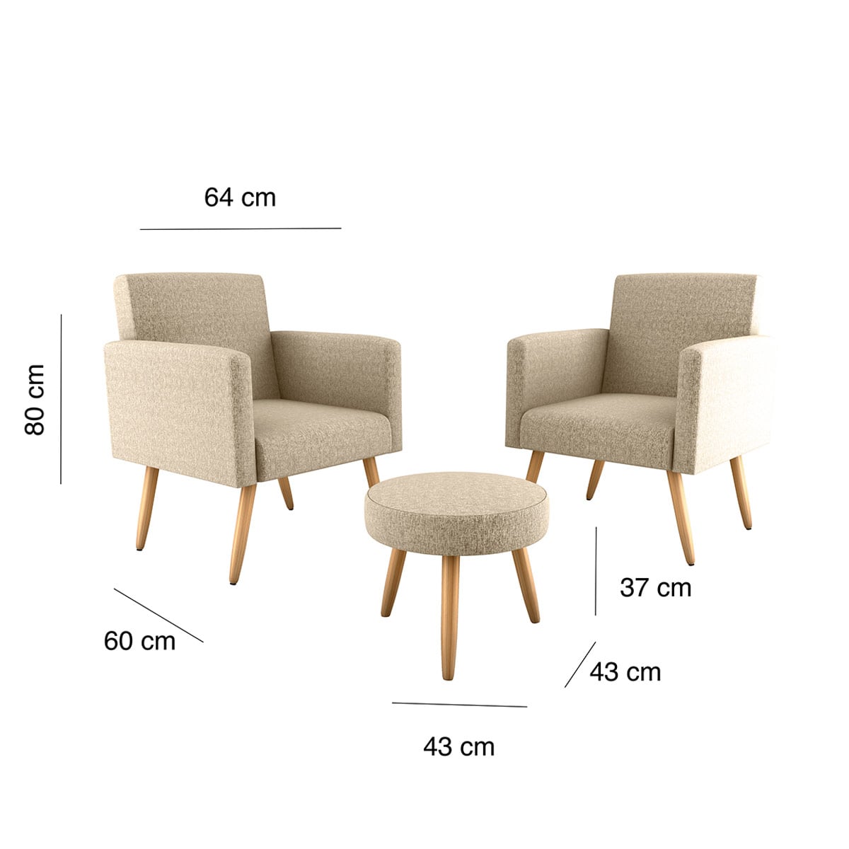 SET 2 POLTRONAS DECOCASA DALLAS + PUFF BEIGE - 3
