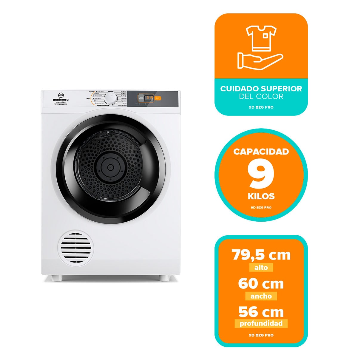 SECADORA DE ROPA POR VENTILACIÓN MADEMSA 9DBZG PRO 9KG BLANCO - 7