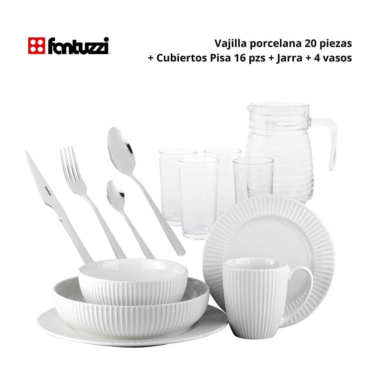 SET DE LOZA FANTUZZI JUEGO DE VAJILLA 20 PZS + CUBIERTOS PISA + JARRA 4 VASOS - 1
