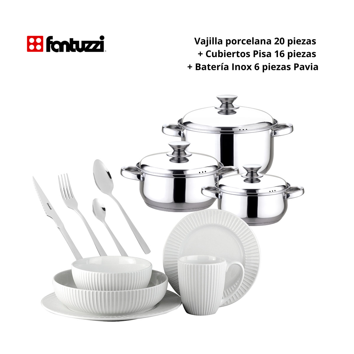 SET DE LOZA FANTUZZI JUEGO DE VAJILLA PORCELANA 20 PZS + BATERÍA 6 PZS + CUBIERTOS PISA 16 PZAS - 1