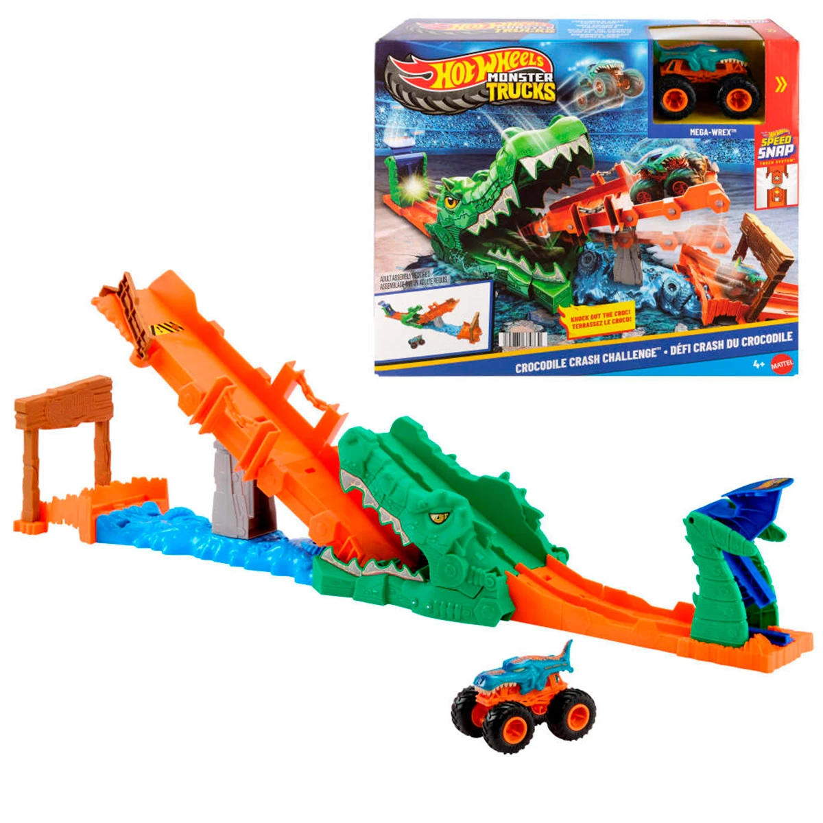 PISTA JUGUETE HOT WHEELS MONSTER TRUCKS DERRIBA AL COCODRILO