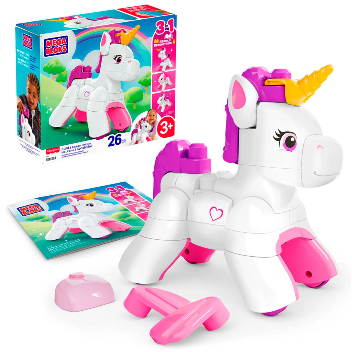 JUGUETE DE CONSTRUCCIÓN MEGA BLOKS CONSTRUCCIÓN 3 EN 1 UNICORNIO ARMA Y BRILLA - 1