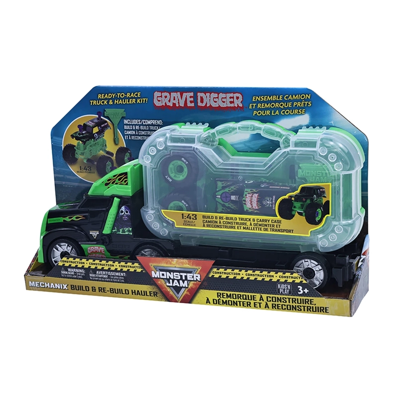AUTO DE JUGUETE MONSTER JAM GRAVE DIGGER TRANSPORTER BUILD - 1