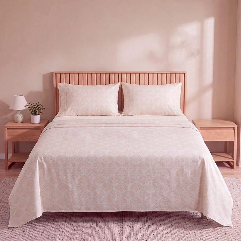 JUEGO DE SÁBANAS RIPLEY HOME ESTAMPADA 180 HILOS KING HOJAS TAUPE ABANÍCO