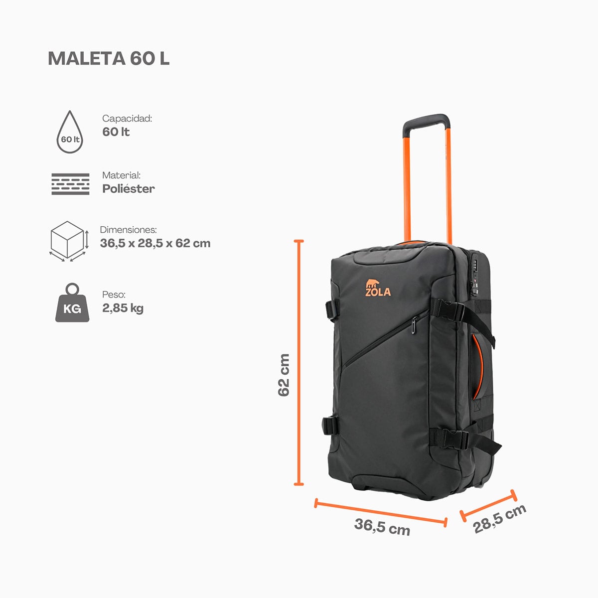 MALETA ZOLA OUTDOORS 60 L 15 KG NEGRO - 3
