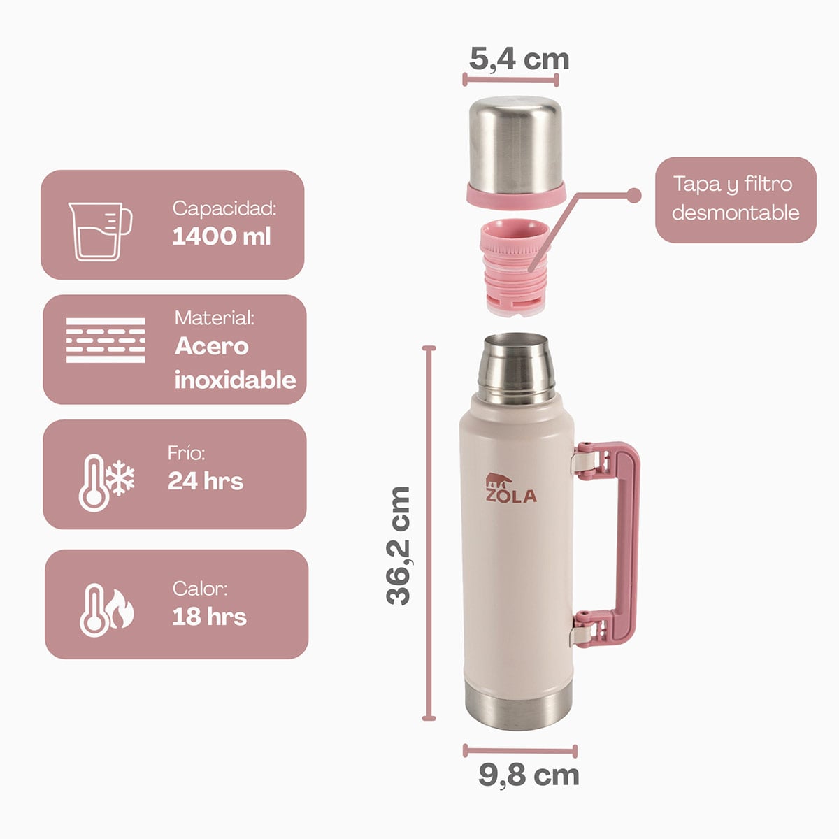 TERMO CLASICO 1.4 LITROS ROSADO PASTEL ZOLA - 2