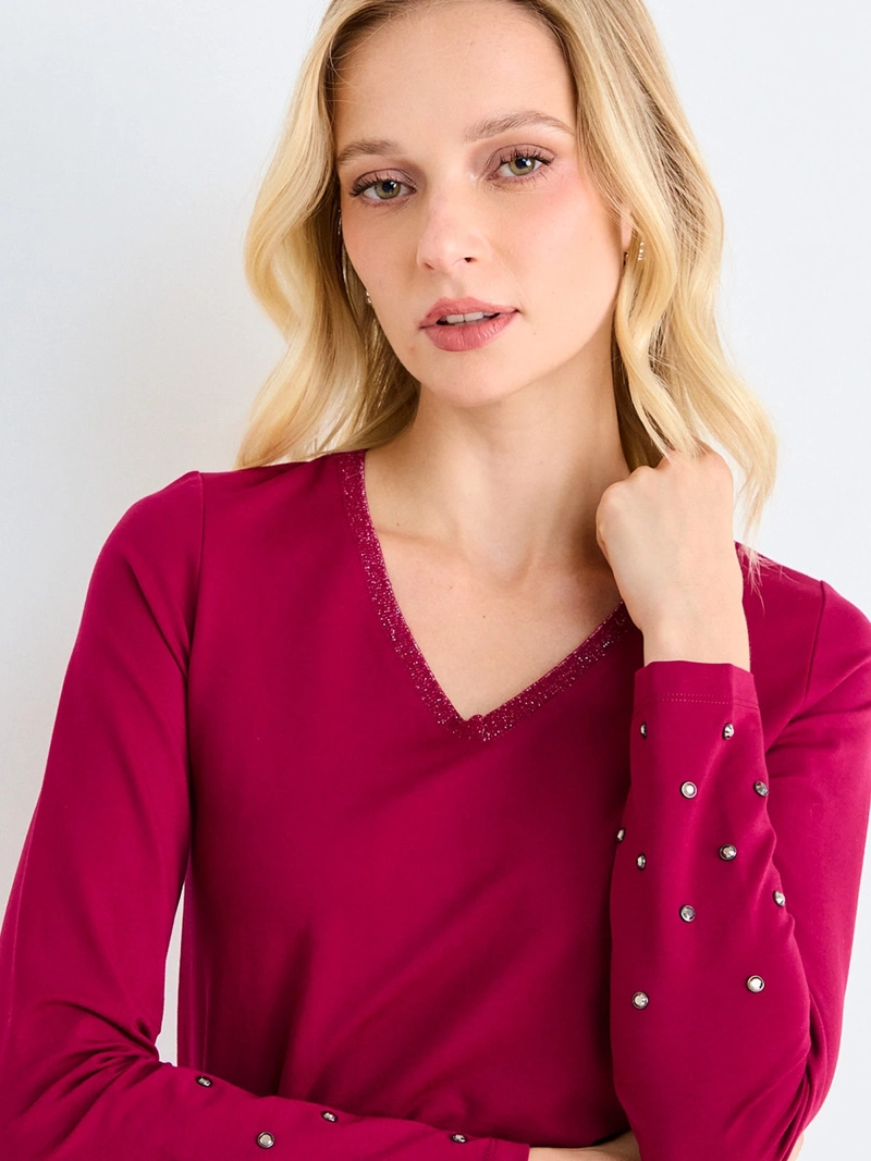 POLERA MUJER ASH ESCOTE EN V MANGA LARGA TACHAS - 4