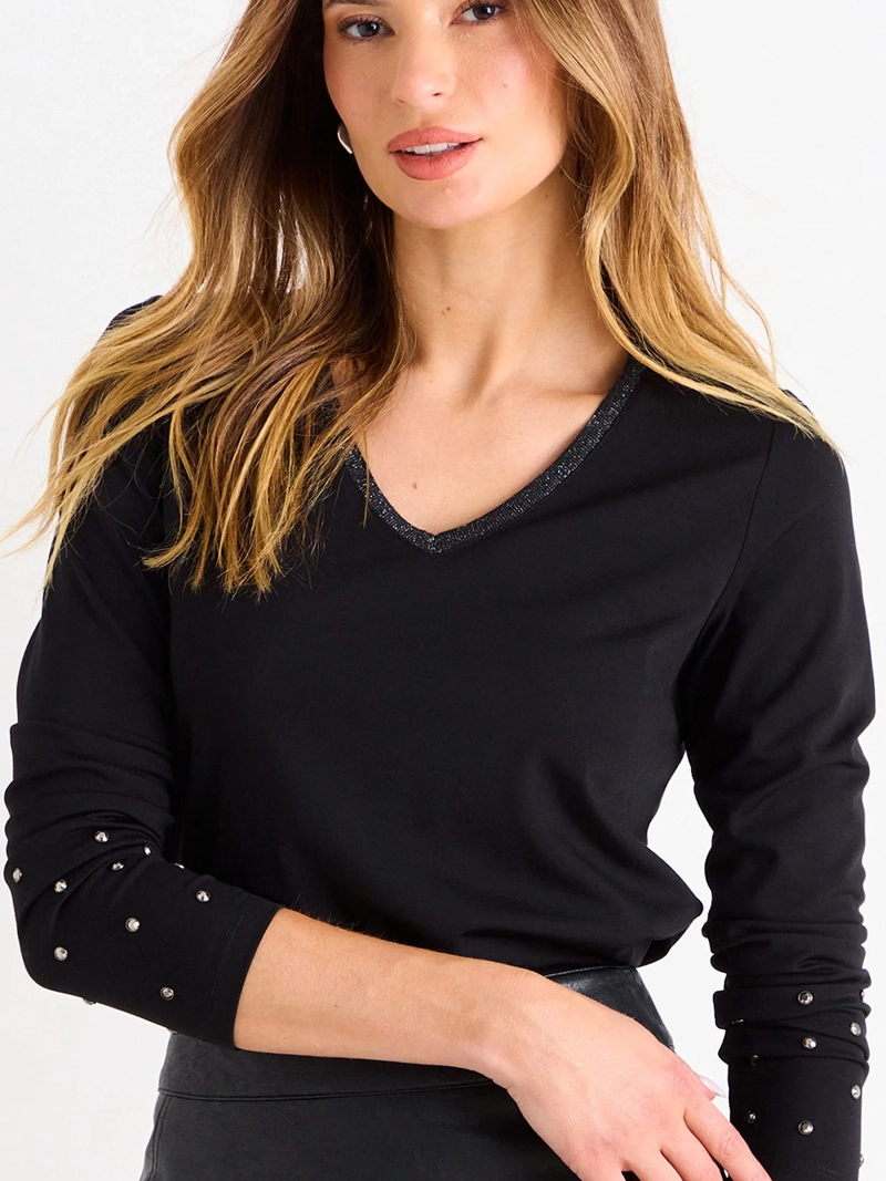 POLERA MUJER ASH ESCOTE EN V MANGA LARGA TACHAS - 5