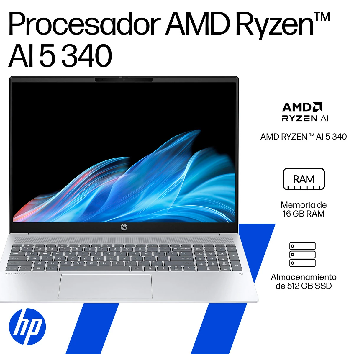 NOTEBOOK HP OMNIBOOK 5 AI 16-AG1051LA AMD RYZEN AI 5 16GB RAM 512GB SSD 16" - 12