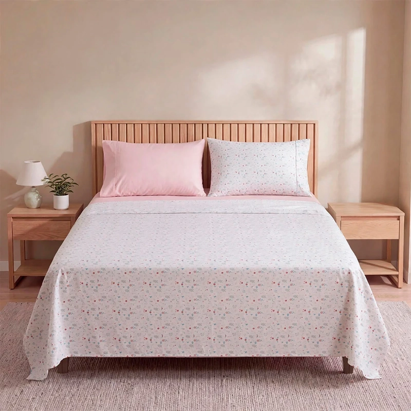 JUEGO DE SÁBANAS RIPLEY HOME 4 FUNDAS 2 PLAZAS FLORES ROSA