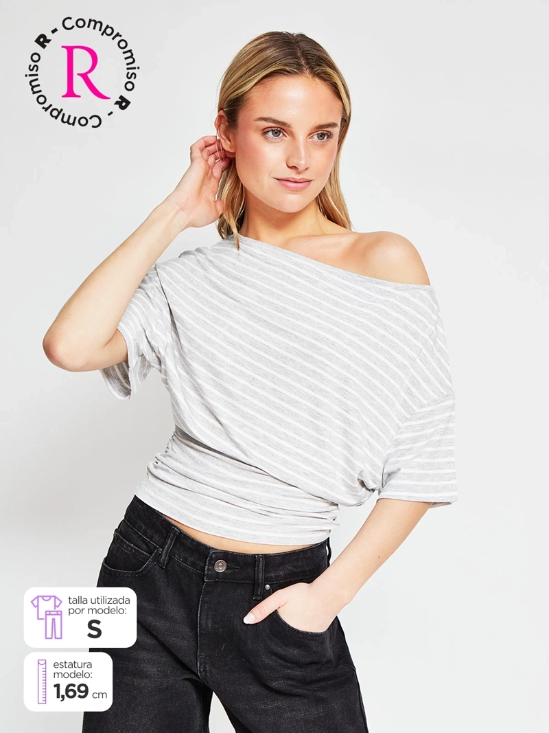 POLERA MUJER INDEX MANGA CORTA ASIMÉTRICA RAYAS - 1