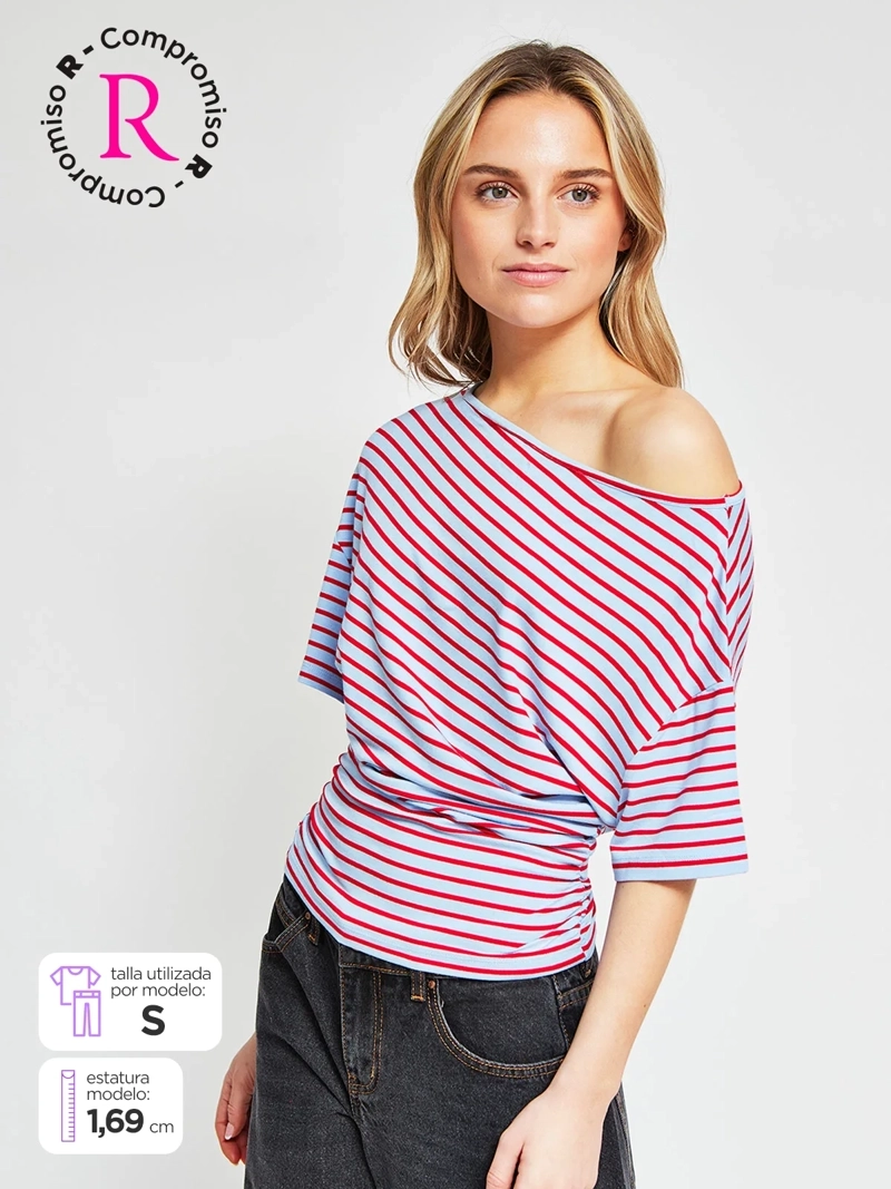 POLERA MUJER INDEX MANGA CORTA ASIMÉTRICA RAYAS - 1