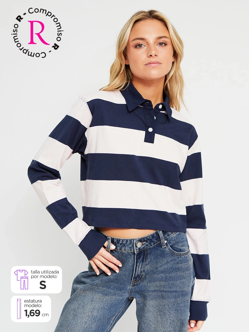 POLERA MUJER INDEX ALGODÓN CUELLO POLO MANGA LARGA RAYAS - 2