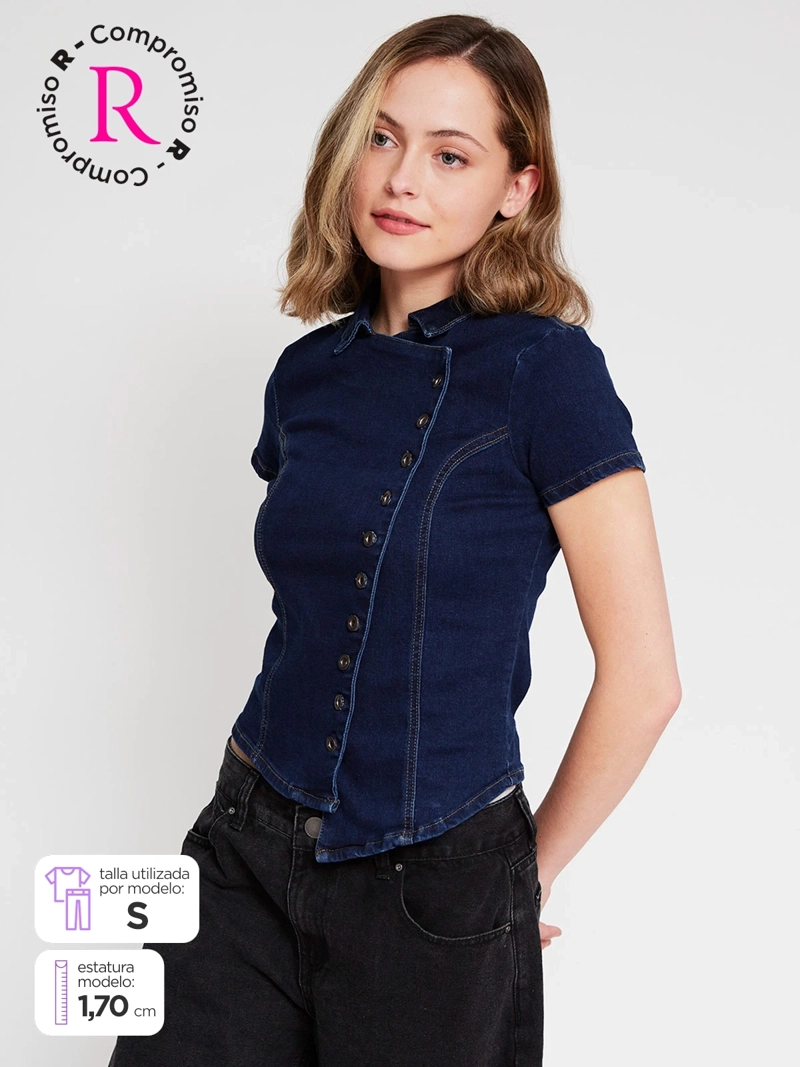 BLUSA MUJER INDEX ALGODÓN MANGA CORTA DENIM BOTONES - 2