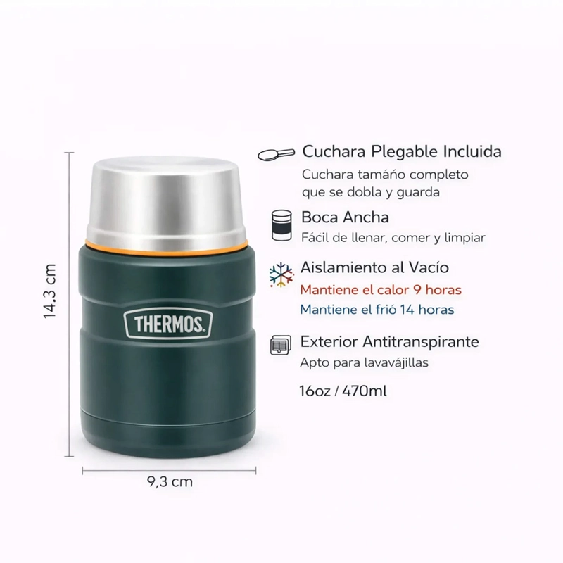 TERMO COMIDA THERMOS KING ACERO INOXIDABLE 470 ML VERDE - 5