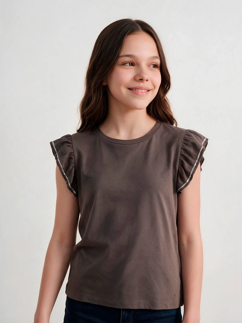 POLERA NIÑA INDEX TEEN ALGODÓN MANGA CORTA VUELOS LENTEJUELAS